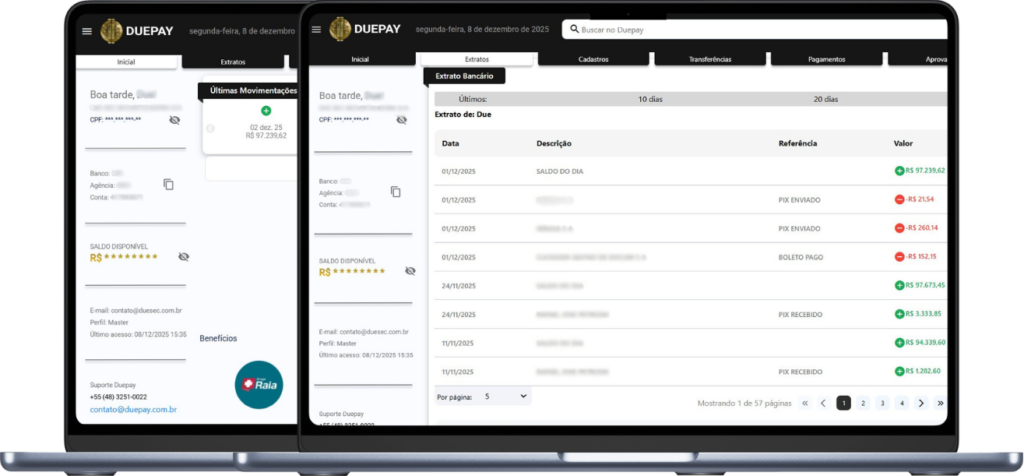 Conta Digital DuePay em telas de notebook com painel de extratos e movimentações, mostrando Pix enviado e boleto pago para controle financeiro e rastreabilidade.
