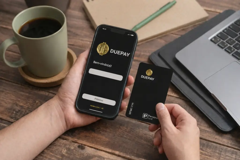 Conta Digital DuePay no app com transferência e cartão DuePay Multiplus na mão, em mesa de trabalho com notebook e café.