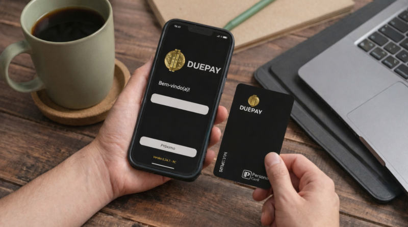 Conta Digital DuePay no app com transferência e cartão DuePay Multiplus na mão, em mesa de trabalho com notebook e café.