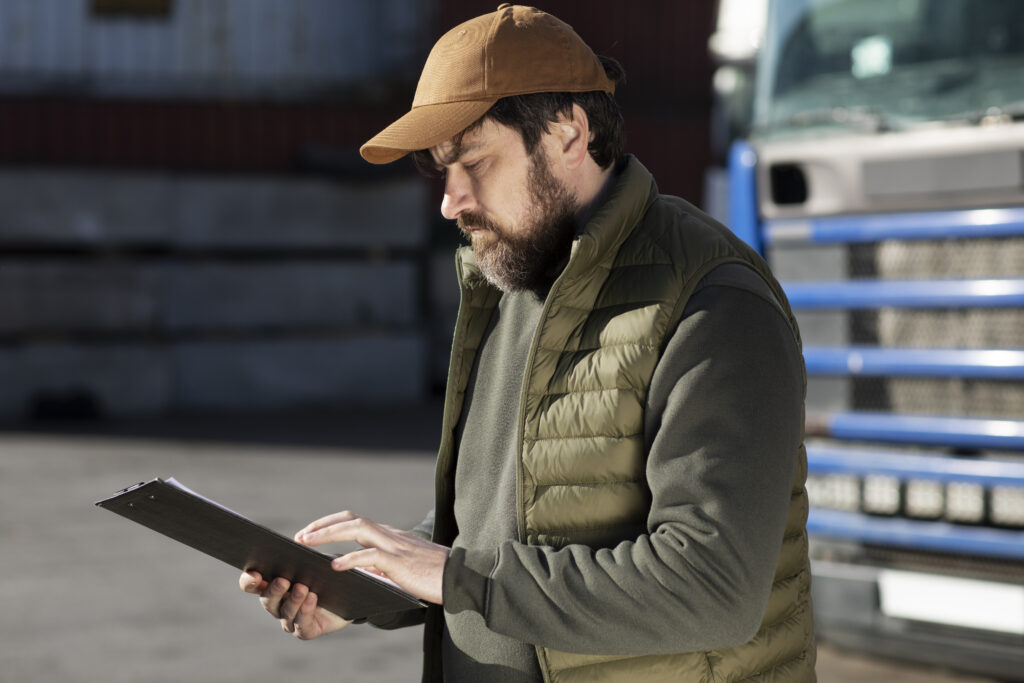 Homem utilizando um tablet para acessar a plataforma Plus Frota, com gráficos e dados de gestão de frotas em destaque. Ao fundo, veículos em movimento simbolizam eficiência e controle operacional.