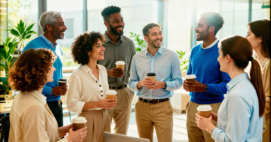 Grupo de profissionais sorrindo e interagindo, representando colaboradores que se sentem valorizados após a implementação de benefícios flexíveis mais alinhados às suas rotinas