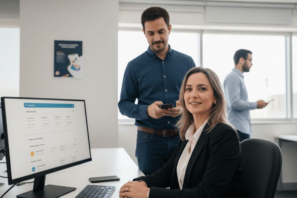 Custo invisível da falta de integração no dia a dia do RH e do usuário, com colaborador resolvendo benefício pelo sistema enquanto o RH acompanha de forma tranquila.