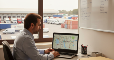 Profissional de gestão de frotas em escritório conferindo planejamento de rotas no notebook, com anotações em caderno ao lado.