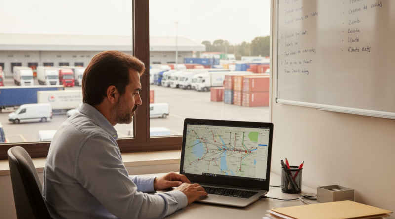 Profissional de gestão de frotas em escritório conferindo planejamento de rotas no notebook, com anotações em caderno ao lado.
