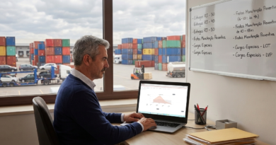 Gestor analisando dashboard de frota em notebook com pátio logístico ao fundo, acompanhando indicadores de operação e desempenho,