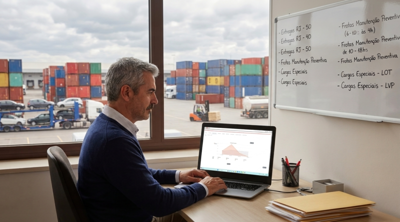 Gestor analisando dashboard de frota em notebook com pátio logístico ao fundo, acompanhando indicadores de operação e desempenho,