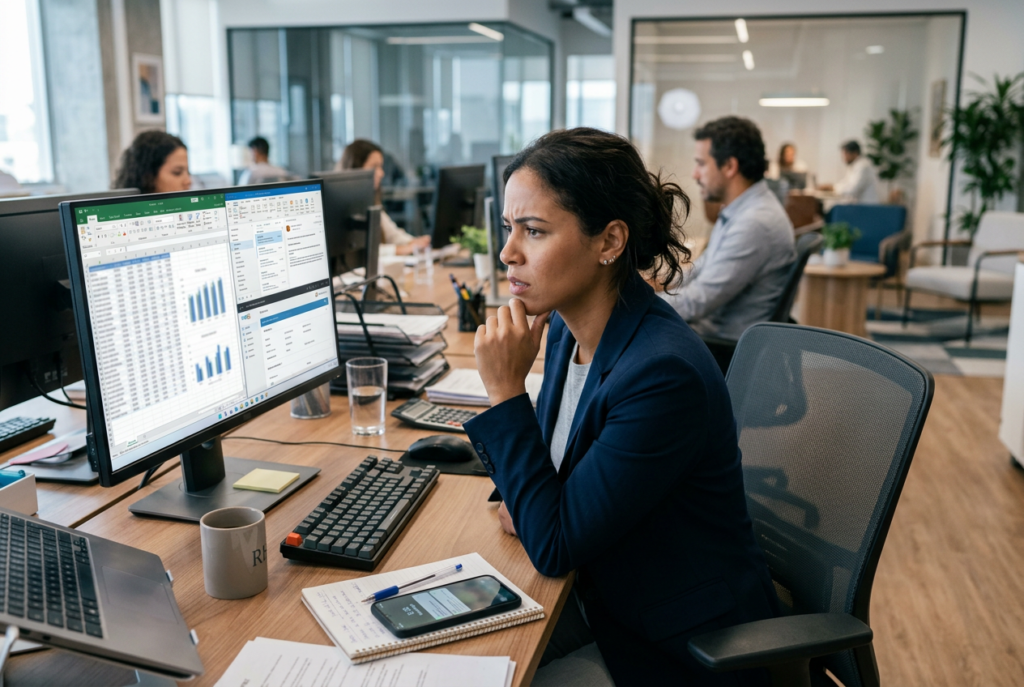 implantação de benefícios corporativos com profissional de RH analisando sistema e lidando com dúvidas operacionais no dia a dia