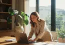 Jovem executiva em momento de an&aacute;lise estrat&eacute;gica num escrit&oacute;rio moderno, representando a efici&ecirc;ncia e o controle de compras corporativas atrav&eacute;s de processos digitais transparentes.