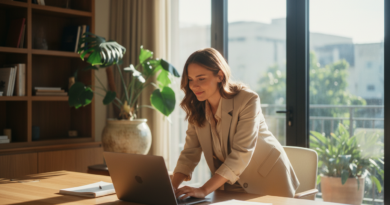 Jovem executiva em momento de análise estratégica num escritório moderno, representando a eficiência e o controle de compras corporativas através de processos digitais transparentes.