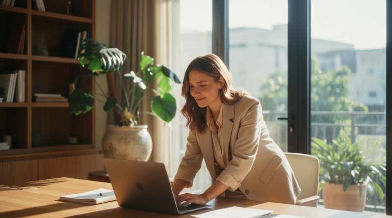 Jovem executiva em momento de análise estratégica num escritório moderno, representando a eficiência e o controle de compras corporativas através de processos digitais transparentes.