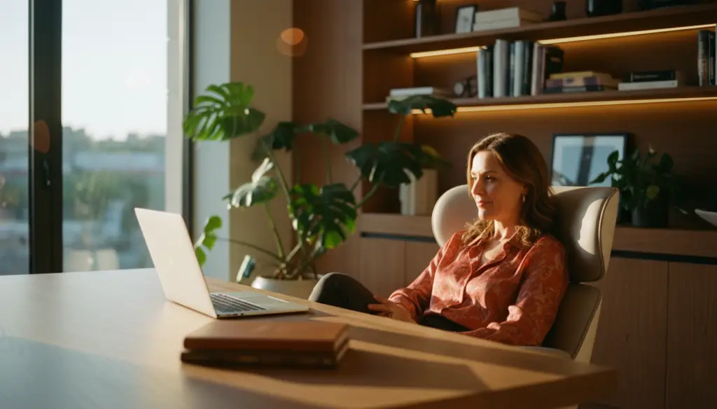 Jovem CFO em escritório moderno com luz natural, demonstrando eficiência no controle de compras corporativas através de uma gestão digital transparente e simplificada.