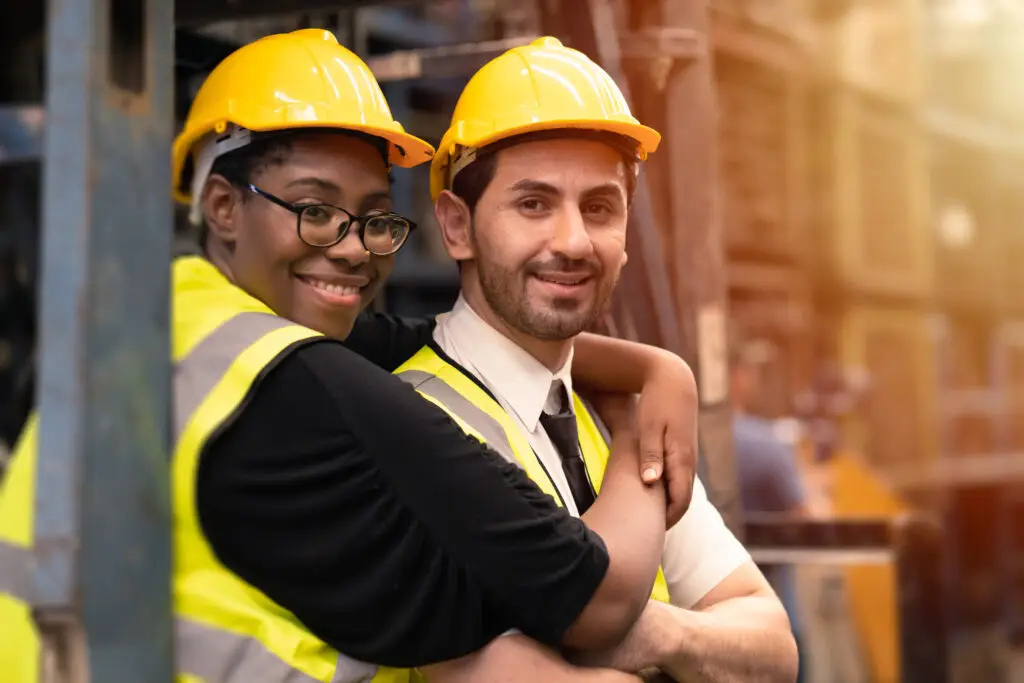 Riscos Psicossociais NR-1: trabalhadores da indústria usando capacete e colete de segurança em ambiente operacional, representando bem-estar, colaboração e cuidado no trabalho.