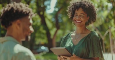 Mulher sorridente segura um tablet durante conversa ao ar livre sobre gest&atilde;o de benef&iacute;cios sociais.