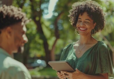 Mulher sorridente segura um tablet durante conversa ao ar livre sobre gest&atilde;o de benef&iacute;cios sociais.