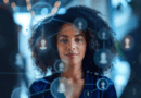 Mulher em ambiente corporativo com conex&otilde;es digitais, representando a quarta onda do RH e a gest&atilde;o orientada por stakeholders.