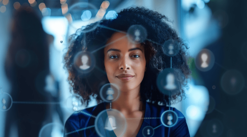 Quarta onda do RH: por que ser estratégico já não basta Mulher em ambiente corporativo com conexões digitais, representando a quarta onda do RH e a gestão orientada por stakeholders.