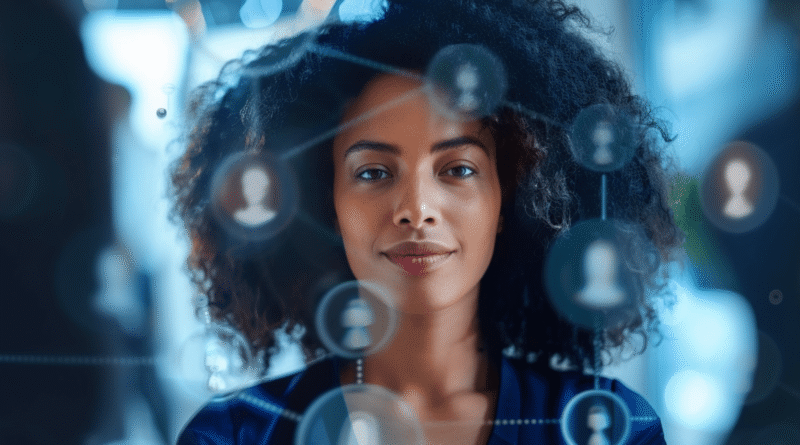 Mulher em ambiente corporativo com conexões digitais, representando a quarta onda do RH e a gestão orientada por stakeholders.