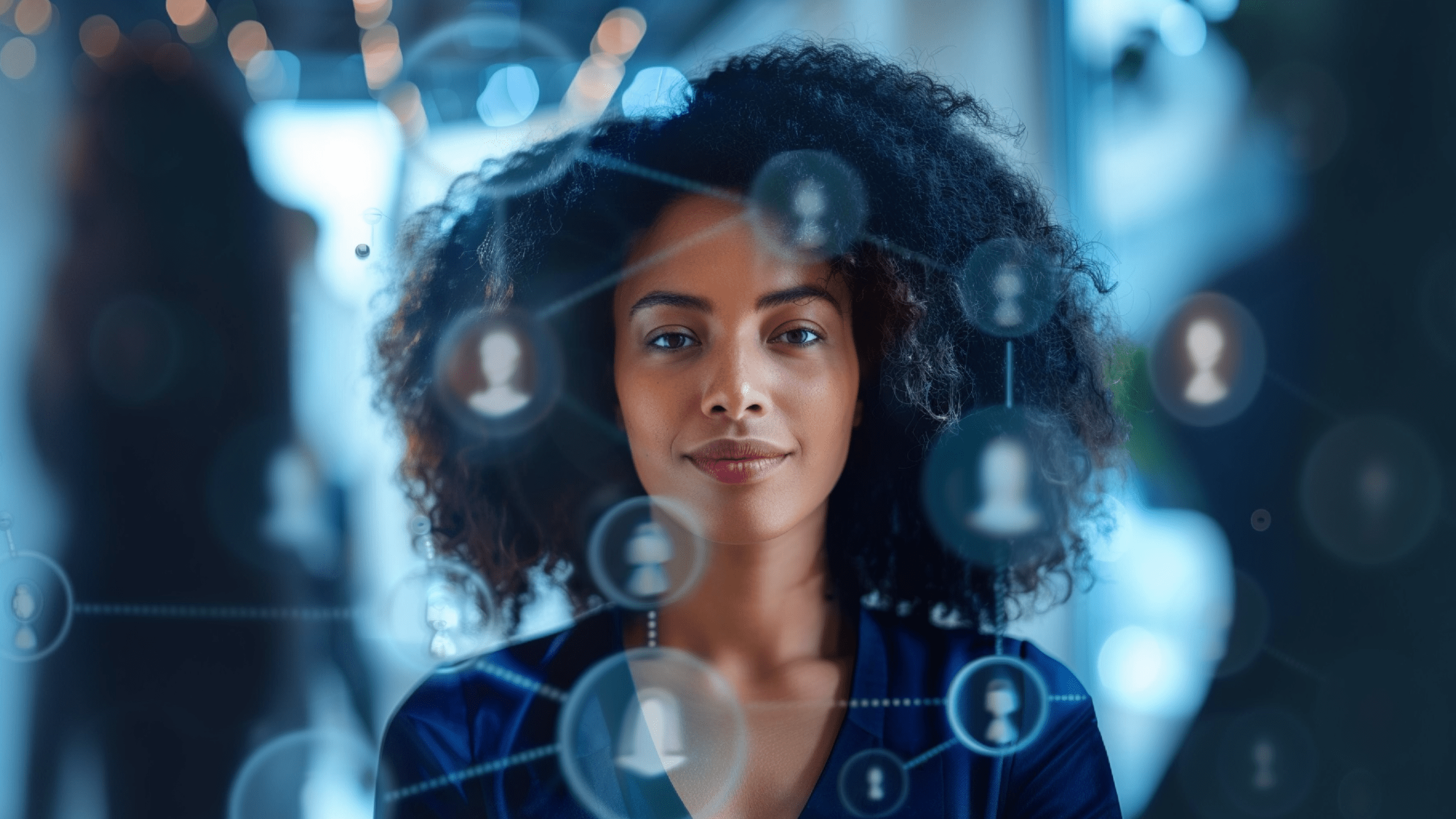 Mulher em ambiente corporativo com conexões digitais, representando a quarta onda do RH e a gestão orientada por stakeholders.
